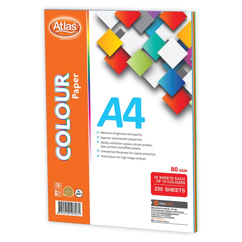 Atlas Color Paper Assorted A4 80GSM  (5 Sheets each of 10 Colors) 50 Sheets